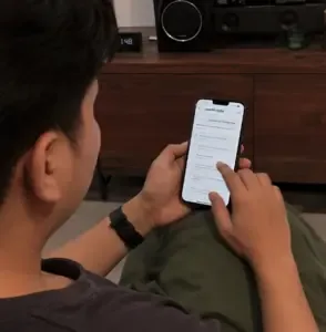 Seorang pengguna membaca panduan Livemobile pada iPhone